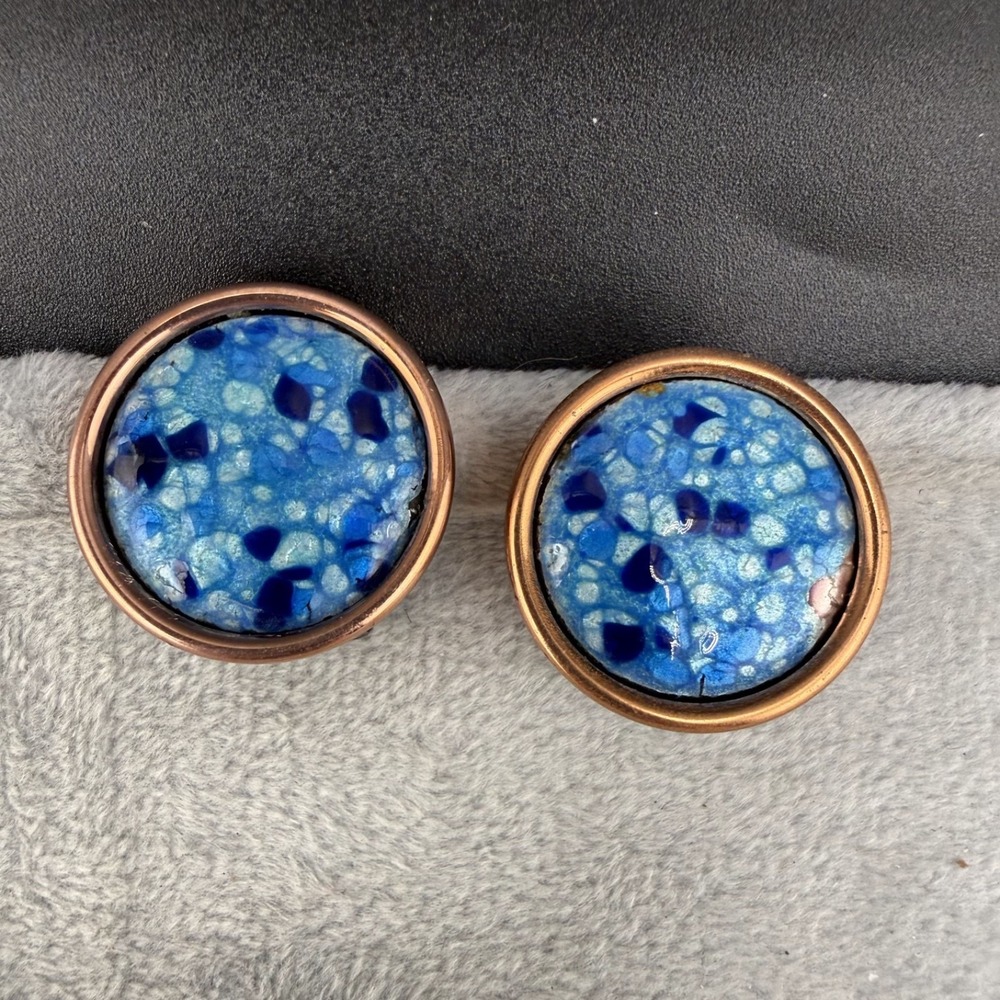 Vintage Matisse Renoir Blue Enamel Earrings Copper Clip Ons Signed‎